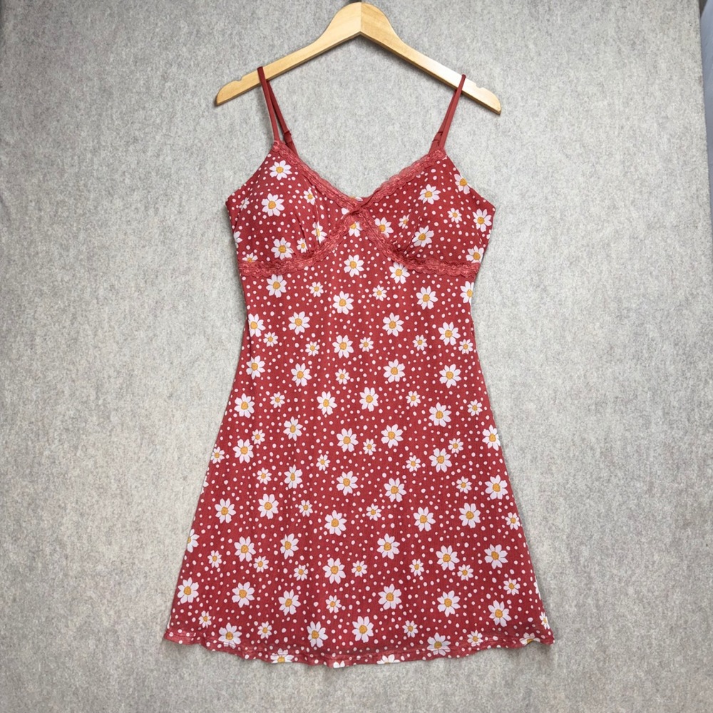 Y2K No Boundaries Red Daisy Polka Dot Lace Trim Cami Dress 11-13 Cottagecore